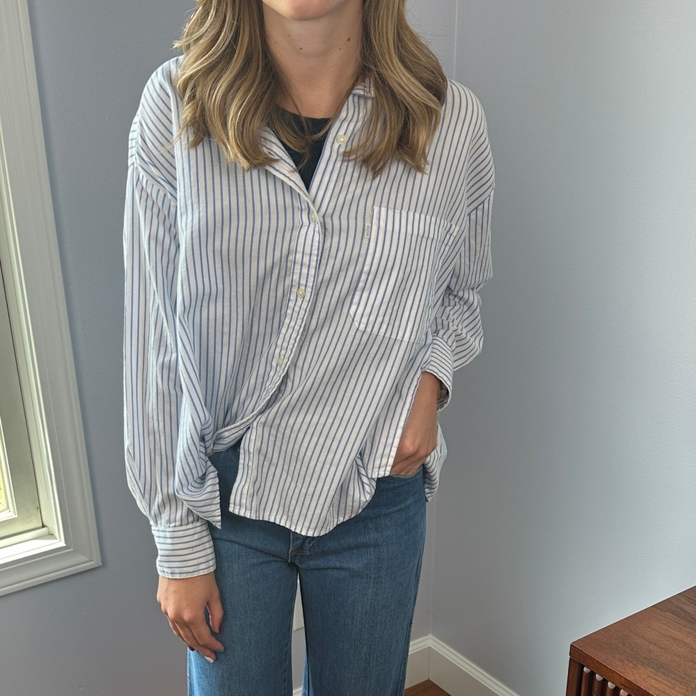 Levi's Womens Striped Button Down Shirt Size Boxy CropS Blue White Long Sleeve S